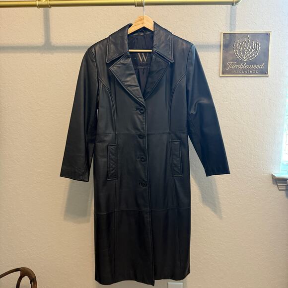 Women's Winlit Long Black 100% Leather Button Front Coat Size Medium - Picture 2 of 9